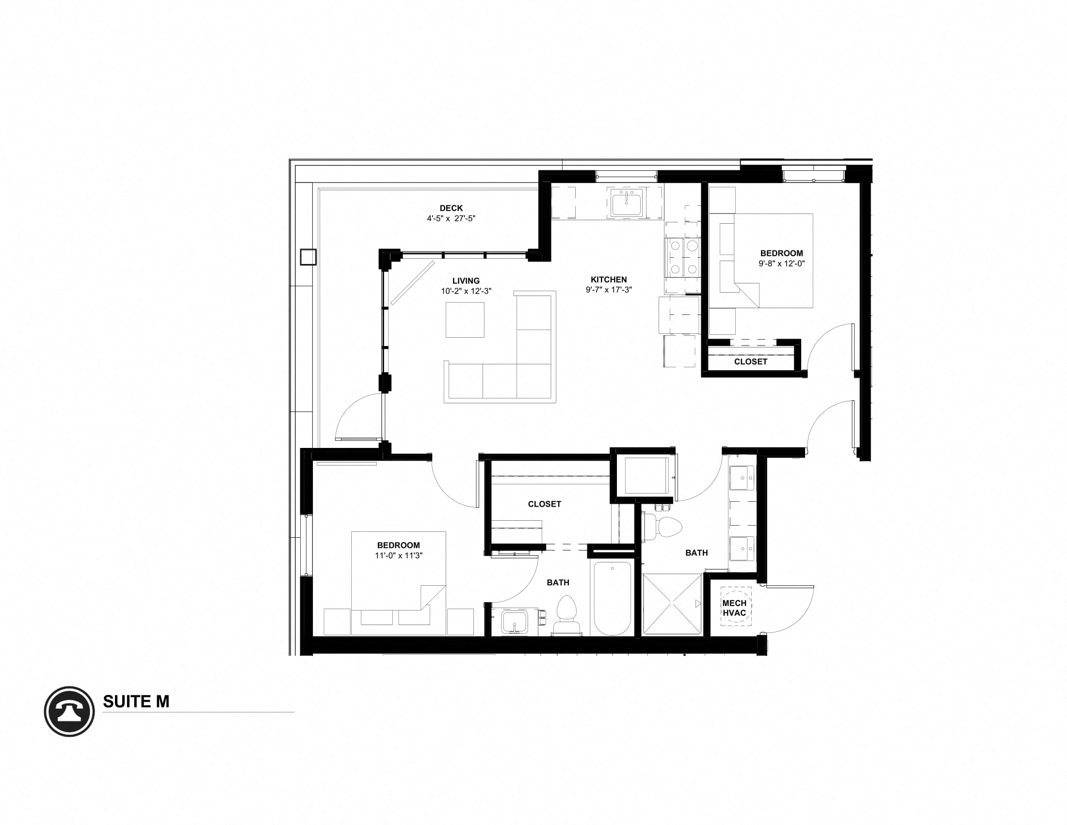 Floor plan for 2 beds, 1.8 baths, 870 sqft